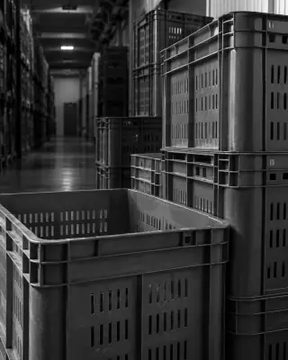 Produce crates stacked inside a cold storage warehouse